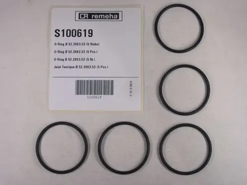 O-Ringe in schwarz, angeordnet in zwei Reihen, mit einer Produktbezeichnung von Remeha. Verpackung zeigt Informationen zu Größe und Menge.